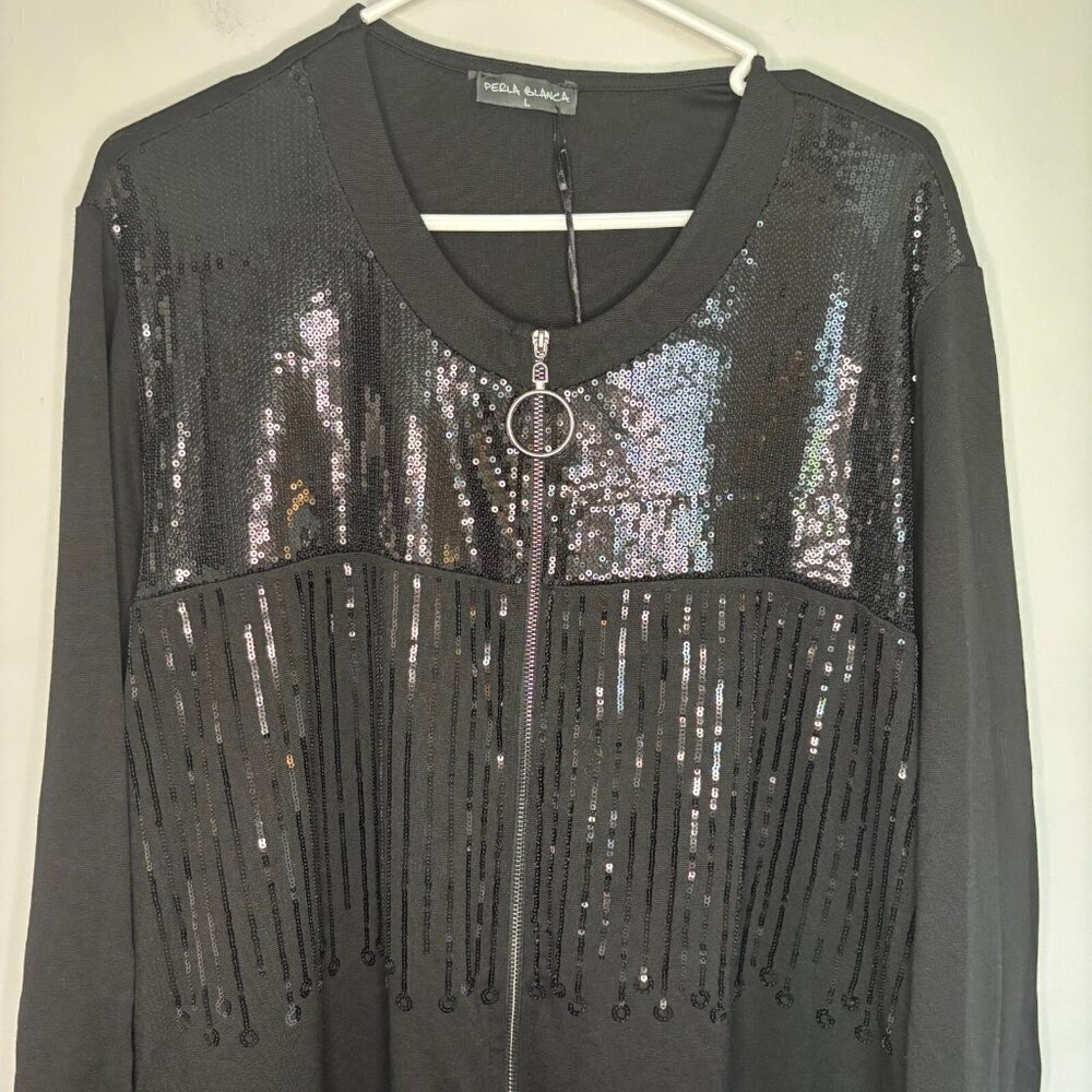PERLA BLANCA NEW Dress Women Large Black Sequin Long Sleeve Full Zip Stretch